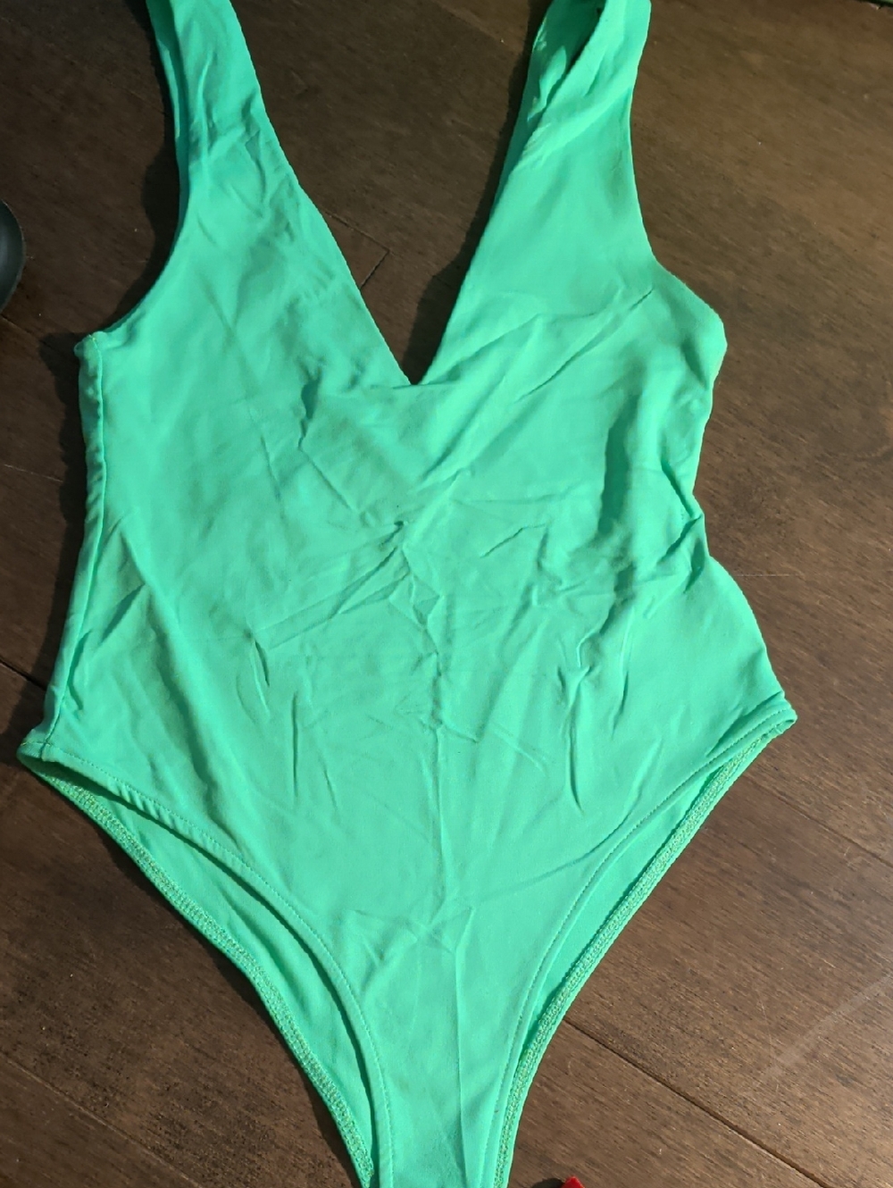 Zara Bright Green V-Neck‎ One-Piece Swim Bodysuit